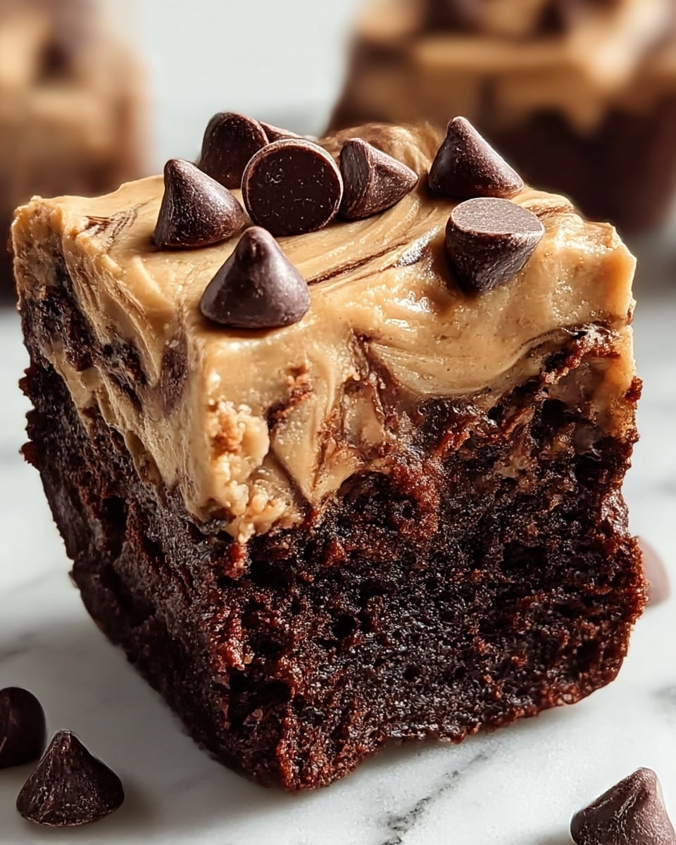 The image shows a close-up of a two-layered chocolate cupcake with peanut butter frosting. The bottom cupcake layer is dark brown and moist with a slightly rough texture. On top is a smooth light brown peanut butter frosting that is thick and spread unevenly, dripping slightly down the sides. The top cupcake, cut in half and sitting on the first cupcake, shows a swirl of creamy peanut butter and dark chocolate batter inside, with glossy dark chocolate chips scattered on top and embedded in the swirl. The whole dessert is on a white marbled surface. photo taken with an iphone --ar 4:5 --v 7