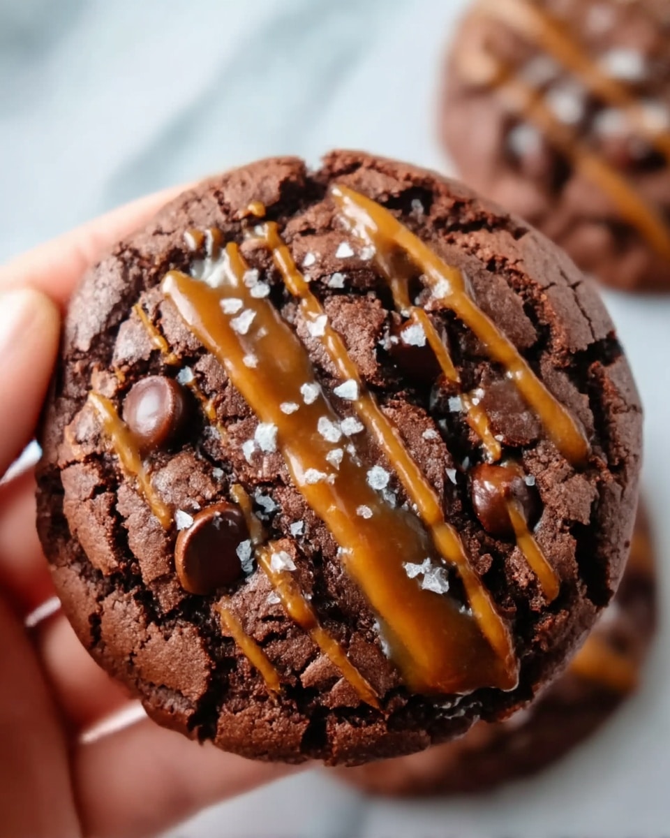 A close-up view of a thick, round chocolate cookie held by a woman's hand. The cookie has a rough, cracked surface with large chunks of dark chocolate embedded throughout. On top, there are smooth drizzles of caramel sauce and a light sprinkling of coarse salt that adds texture and shine. The background shows more similar cookies out of focus on a white marbled surface. Photo taken with an iphone --ar 4:5 --v 7