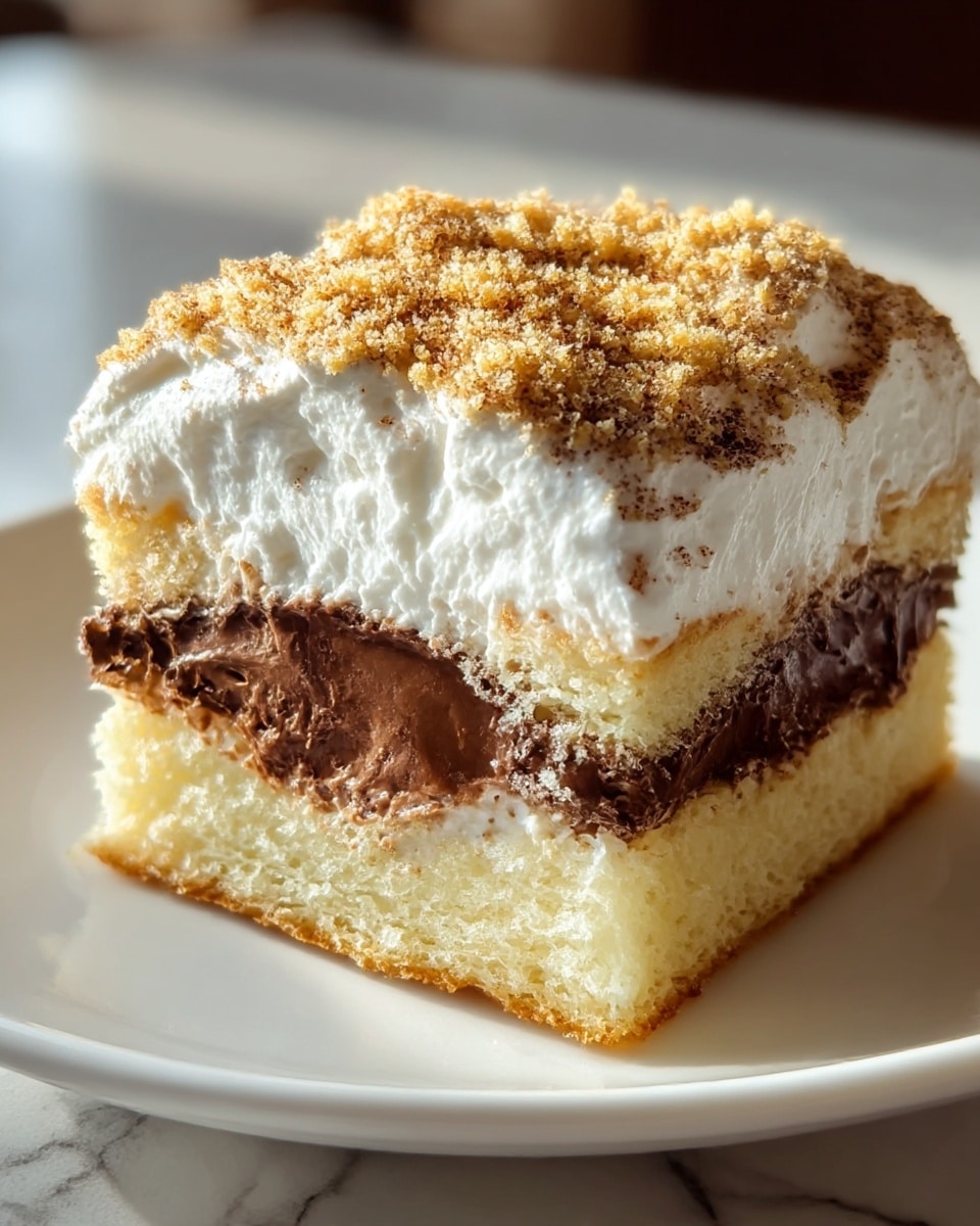 A close-up of a three-layer dessert slice on a white plate against a white marbled texture background; the bottom layer is a light golden, soft cake base, the middle layer consists of rich, glossy chocolate filling with a smooth texture, and the top layer is a thick, fluffy white cream covered with a generous sprinkling of fine, crumbly golden-brown topping that creates a textured surface. photo taken with an iphone --ar 4:5 --v 7