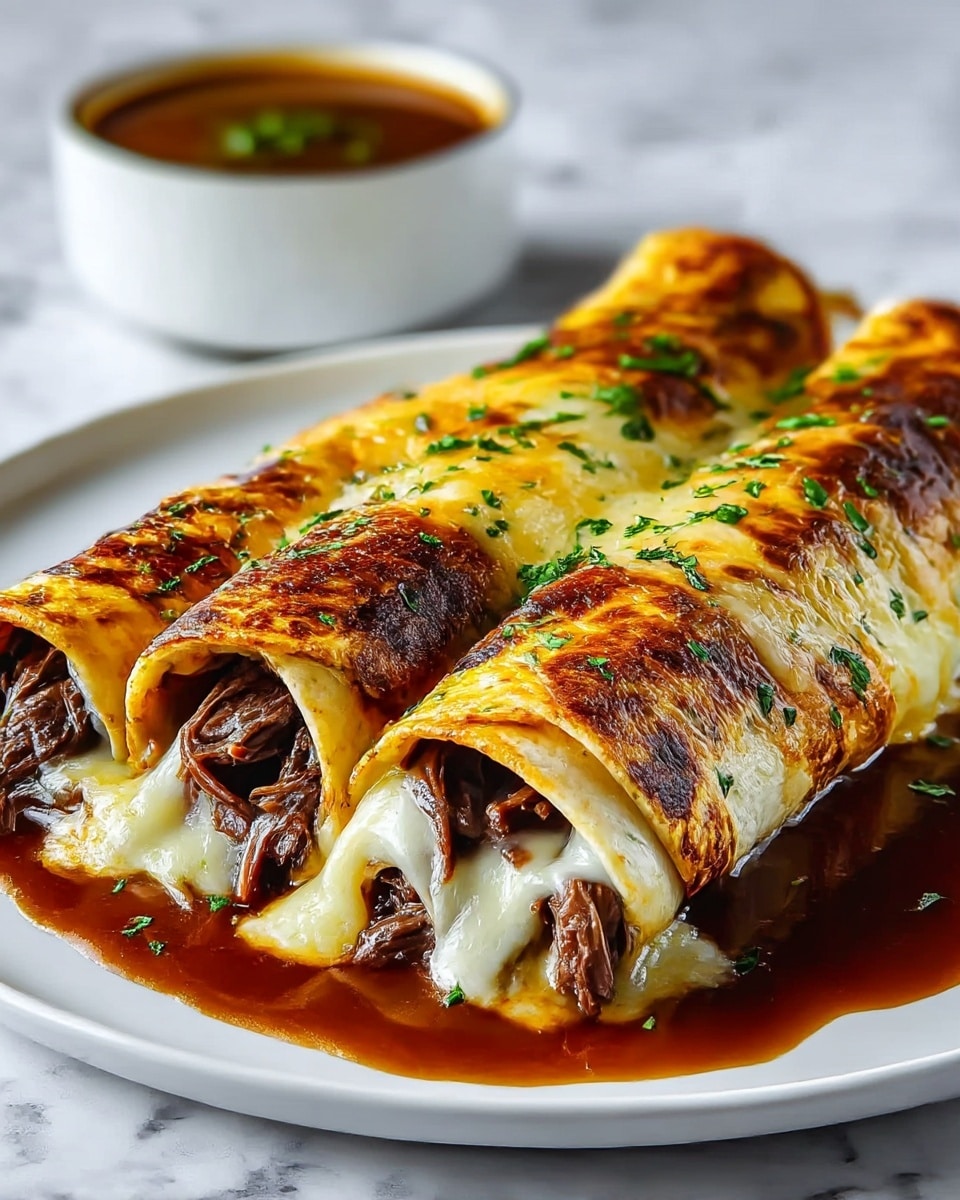 Three rolled crepes are stuffed with shredded brown meat and melted light yellow cheese. The crepes have a golden-brown crispy texture with some darker spots and are sprinkled with finely chopped green herbs. They are placed side by side on a white plate with some brown sauce pooled underneath and around them. In the background, there is a white cup filled with a dark brown dipping sauce, sitting on a surface with a white marbled texture. photo taken with an iphone --ar 4:5 --v 7