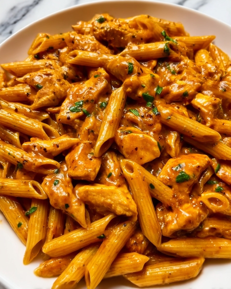 The image shows a close-up of penne pasta mixed with chunks of chicken in a reddish-orange sauce. The pasta is light brown with ridges and is evenly coated with the sauce, which looks smooth and slightly glossy. Small pieces of green herbs are scattered throughout. The chicken pieces are white with a tender texture, also covered in the sauce, and some black pepper specks are visible. The dish fills the frame fully against a white marbled background. photo taken with an iphone --ar 4:5 --v 7