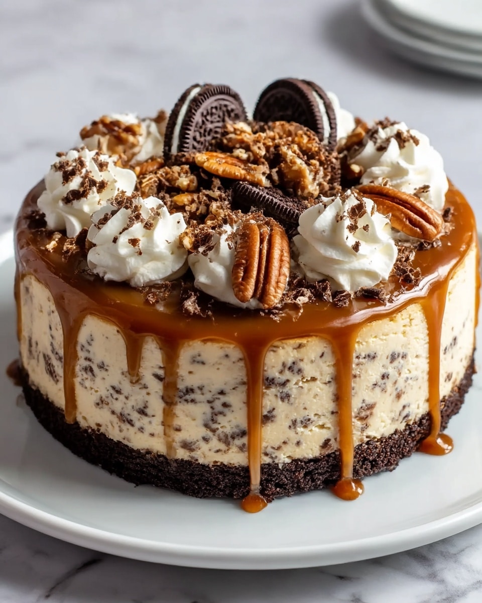 A round Oreo cheesecake sitting on a white plate with a thick, dark chocolate cookie crust at the bottom, followed by a creamy off-white cheesecake layer dotted with crushed Oreo pieces. On top, a glossy caramel sauce drips down the sides unevenly. Around the edge, there are swirls of white whipped cream, sprinkled with grated chocolate and chopped pecan nuts. The center is decorated with halved Oreo cookies and more pecan nuts. The whole cake is placed on a white marbled texture surface. photo taken with an iphone --ar 4:5 --v 7
