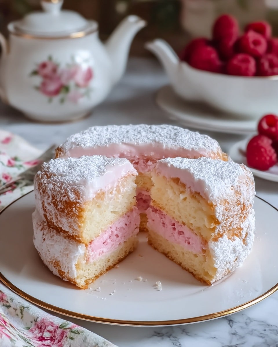 The image shows a round, three-layered cake with a soft pink inside layer surrounded by a light golden outer crust. The cake is cut into six equal slices revealing a fluffy texture. The top and sides of the cake are thickly dusted with white powdered sugar, giving it a snowy look. It is placed on a white plate with a delicate gold and beige trim, sitting on a white marbled textured surface. In the background, there is a plate with fresh red raspberries slightly blurred, adding a pop of color to the scene. photo taken with an iphone --ar 4:5 --v 7
