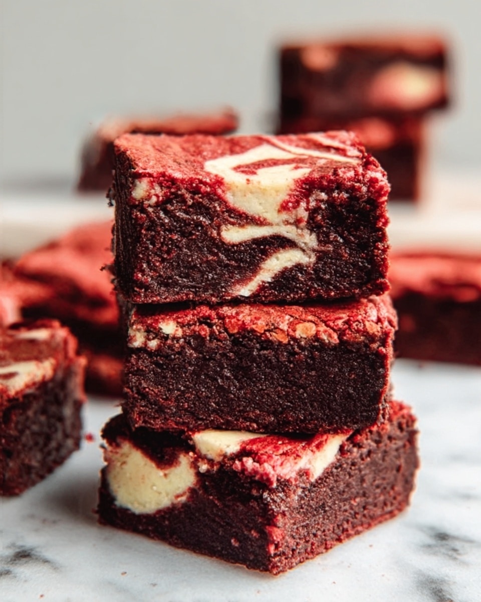 The image shows a stack of three square red velvet brownies with cream cheese swirls inside. Each brownie has two visible layers: a rich red outer cake layer with a moist, soft texture, and a creamy white layer in the middle that looks smooth and thick. The brownies are placed on a small white marble tile, and the background also has a white marbled texture. The edges of the brownies look slightly crumbly but firm. The cream cheese swirls are unevenly shaped, creating a nice contrast with the deep red cake. photo taken with an iphone --ar 4:5 --v 7