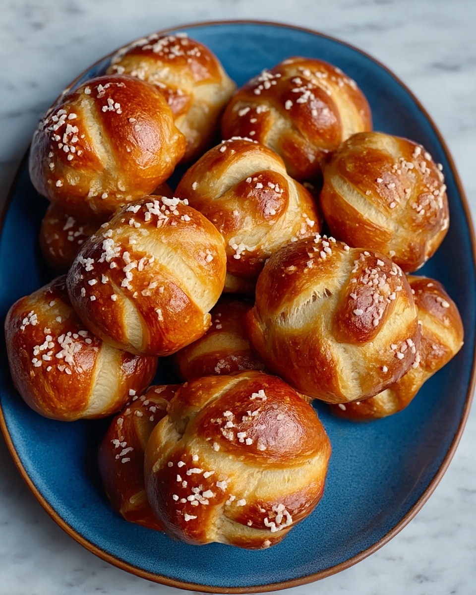 A group of soft, golden brown pretzel knots are piled on a white oval plate with a dark brown rim. Each knot has a shiny, smooth surface with a darker glossy baked top layer, sprinkled generously with coarse white salt crystals. The pretzels have a twisted shape, showing their thick and slightly bumpy texture. The plate sits on a white marbled surface, adding a clean, simple background to highlight the warm tones of the pretzels. Photo taken with an iphone --ar 4:5 --v 7