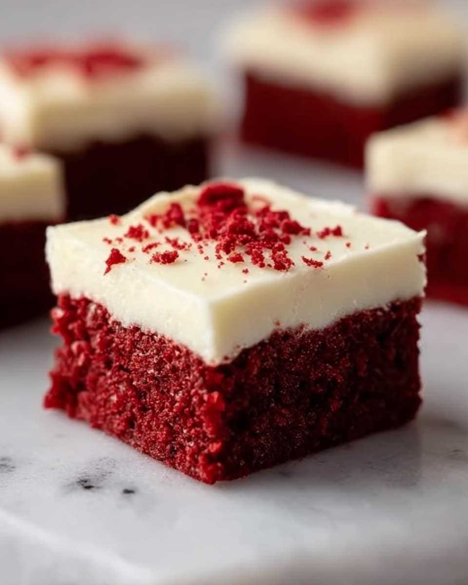 The image shows a close-up of a red velvet cake square with two visible layers; the bottom layer is deep red with a soft, moist texture and the top layer is thick, creamy, and white, smoothly spread with small red crumbs sprinkled on the surface. The cake piece sits on a matte gray surface, with other similar pieces blurred in the background. photo taken with an iphone --ar 4:5 --v 7