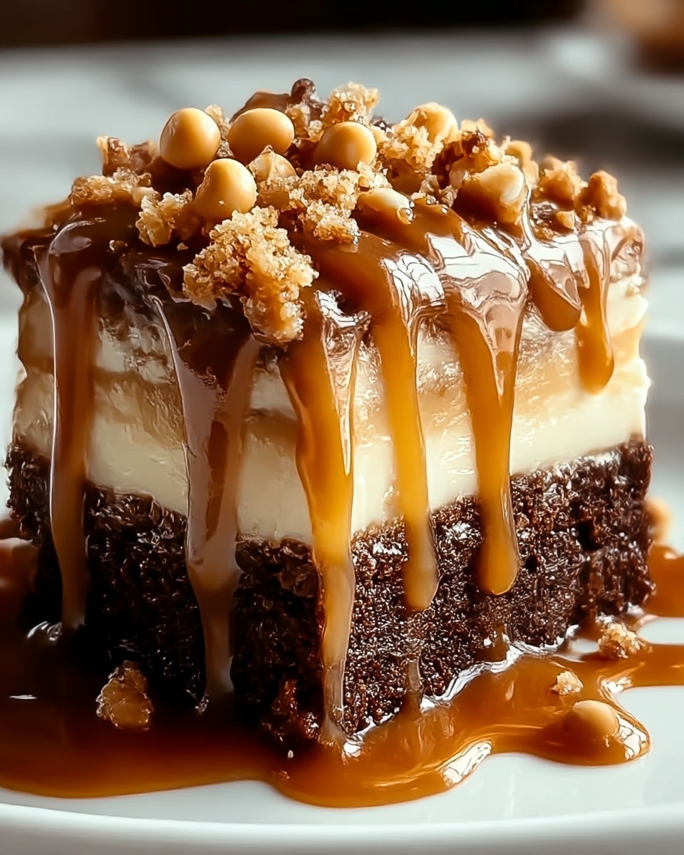 A close-up view of a rich, dark chocolate cake slice with three visible layers, each separated by a creamy light tan filling. The top is thickly coated with glossy caramel sauce that drips slowly down the sides and pools onto a white plate below. Crumbled crunchy bits and small round light tan candies are sprinkled densely on the top, adding texture and contrast. The background is a soft, blurred white marbled texture that highlights the glossy shine and moistness of the cake layers. Photo taken with an iphone --ar 4:5 --v 7