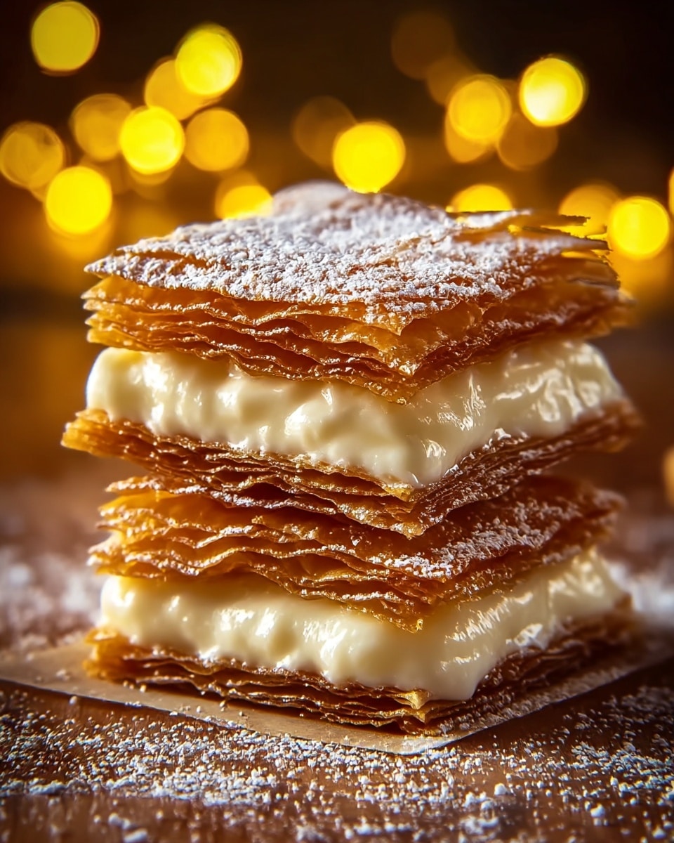 A close-up of a stack of three square layers of a dessert, each made of crispy, thin, golden-brown puff pastry sheets with visible flakes and texture. Between each puff pastry layer is a thick, smooth, creamy white filling that looks soft and slightly glossy. The top puff pastry layer is dusted with a light sprinkle of white powdered sugar. The stack sits on a wooden surface with some powdered sugar scattered around, with warm, blurred yellow lights in the background. The texture of the pastry looks crunchy and crisp while the cream looks rich and smooth. photo taken with an iphone --ar 4:5 --v 7