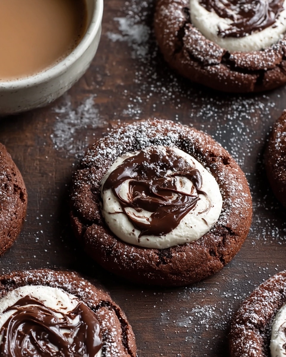 A close-up view of a chocolate cookie with three layers, placed on a white marbled texture. The base layer is dark brown and thick with a soft, cracked texture. The second layer on top is a creamy, smooth white marshmallow filling, slightly melted and spread in the center. The third layer consists of dark chocolate swirls as well as a light dusting of powdered sugar scattered on the marshmallow and cookie edges, adding contrast. Part of a cup filled with a dark brown drink is visible at the top left corner. photo taken with an iphone --ar 4:5 --v 7