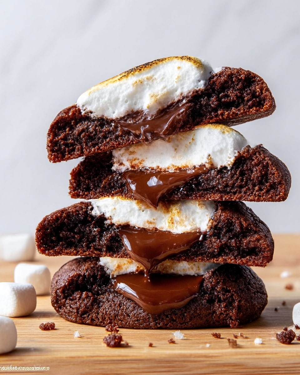 This image shows three thick, soft chocolate cookies stacked one on top of the other on a light wooden surface with a white marbled background. Each cookie is dark brown, moist, and dense, with the middle of each cookie filled with shiny, melted chocolate that appears gooey and rich. On top of the upper two cookies, there is a dollop of white toasted marshmallow cream that has golden brown edges with a slightly crispy texture. The marshmallow cream looks fluffy and soft with peaks on the top. Some crumbs and a bit of melted chocolate are scattered around the cookies, adding to the inviting look. Photo taken with an iphone --ar 4:5 --v 7