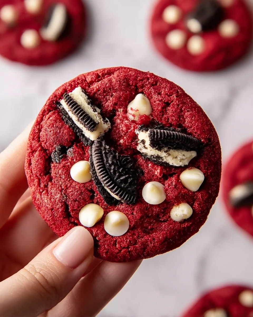 A close-up of a red velvet cookie held by a woman's hand, showing a thick, soft texture with bright red color. On top, there are pieces of black and white sandwich cookies and white chocolate chips scattered unevenly, with the cookie pieces slightly embedded in the red dough. The cookie's surface has a crumbly and moist look. The background features a soft white marbled texture that is slightly out of focus, highlighting the cookie in the foreground. Photo taken with an iphone --ar 4:5 --v 7
