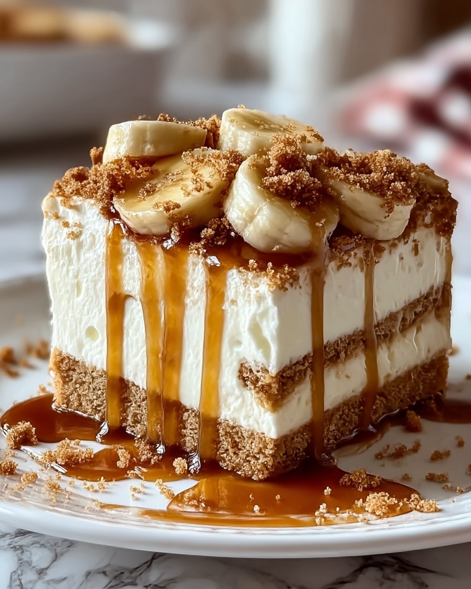 A close-up of a layered dessert on a white plate shows three main layers: the bottom layer is a crumbly, light brown crust; the thick middle layer is creamy and white, with a smooth texture; the top is covered with small, pale yellow banana pieces and sprinkled generously with fine, crumbly brown sugar. Golden caramel sauce drips down from the top, running over the edges and pooling around the base, adding a glossy shine and warmth to the dessert. The dessert looks soft, moist, and inviting, with the caramel and crumbs scattered slightly on the plate. The background is a white marbled surface. photo taken with an iphone --ar 4:5 --v 7
