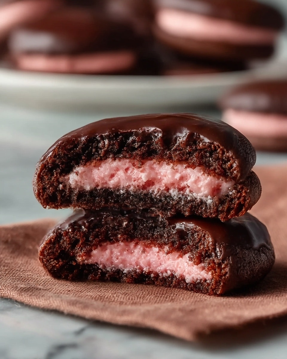 The image shows two stacked chocolate cookies, each having three visible layers: a dark brown, soft textured chocolate outer layer; a smooth, shiny, dark chocolate glaze on top of the cookie; and a thick middle layer of light pink creamy filling with a slightly fluffy texture. The cookie on top is broken in half to reveal the pink filling inside, and the bottom cookie is whole but partially covered by the top one. They rest on a folded brown cloth, placed on a white marbled surface. In the background, there is a blurred white plate with more cookies. photo taken with an iphone --ar 4:5 --v 7