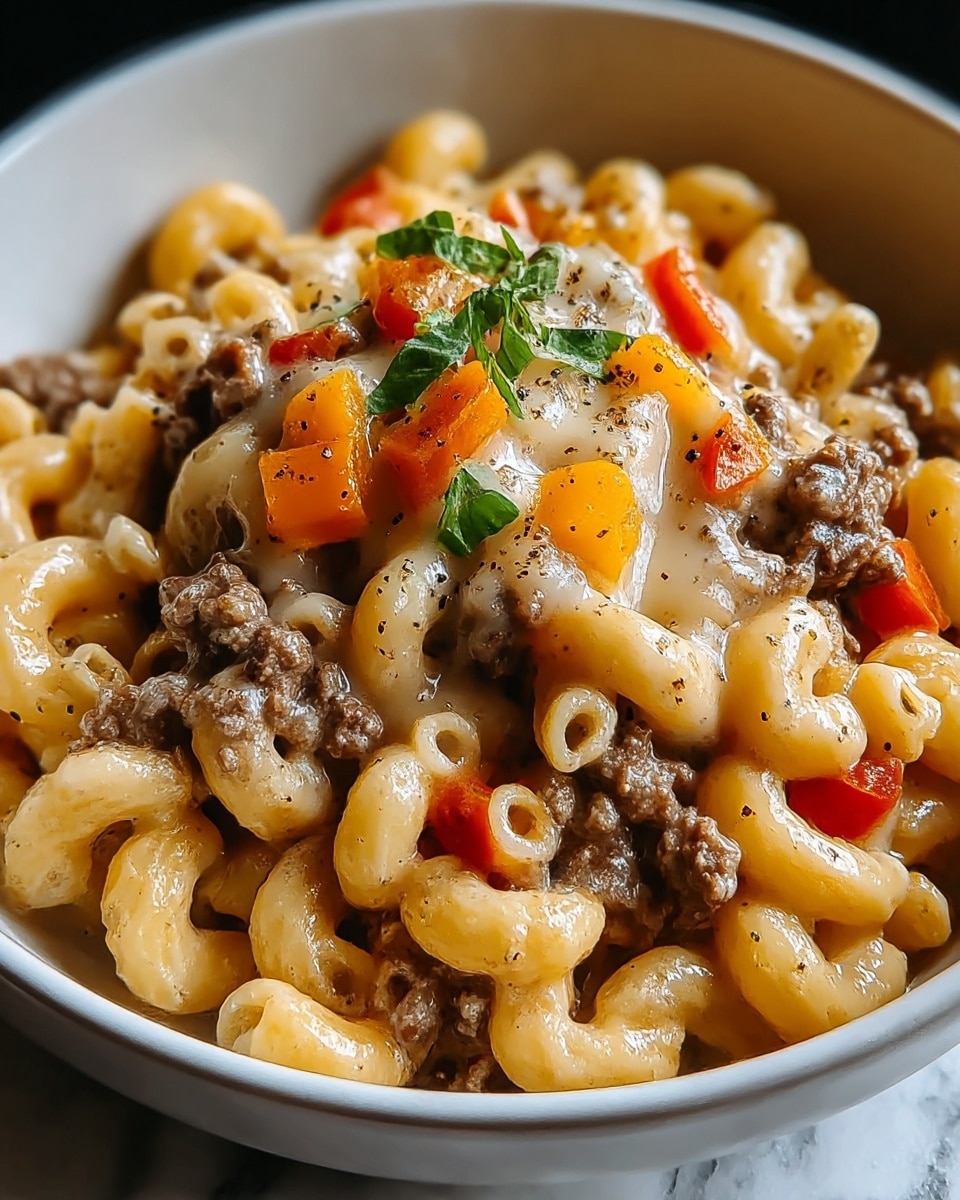 A close-up of a bowl of macaroni pasta mixed with browned ground meat and melted light yellow cheese, with small pieces of red and orange peppers scattered throughout, all topped with a few fresh green herb leaves. The pasta is tightly curled and glossy from the sauce, creating a creamy texture throughout. The black bowl contrasts with the creamy colors of the pasta and cheese, placed on a white marbled surface. photo taken with an iphone --ar 4:5 --v 7
