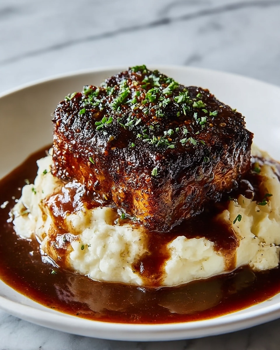 A close-up image of a dish with two layers on a white plate sitting on a white marbled surface. The bottom layer is a thick mound of creamy mashed potatoes, white with small lumps and some green herb bits sprinkled inside. The top layer is a juicy, dark brown meatloaf with a shiny, thick sauce glaze that covers the top and sides, with small green herbs sprinkled on top. The sauce drips slightly down the mashed potatoes, blending both layers. photo taken with an iphone --ar 4:5 --v 7