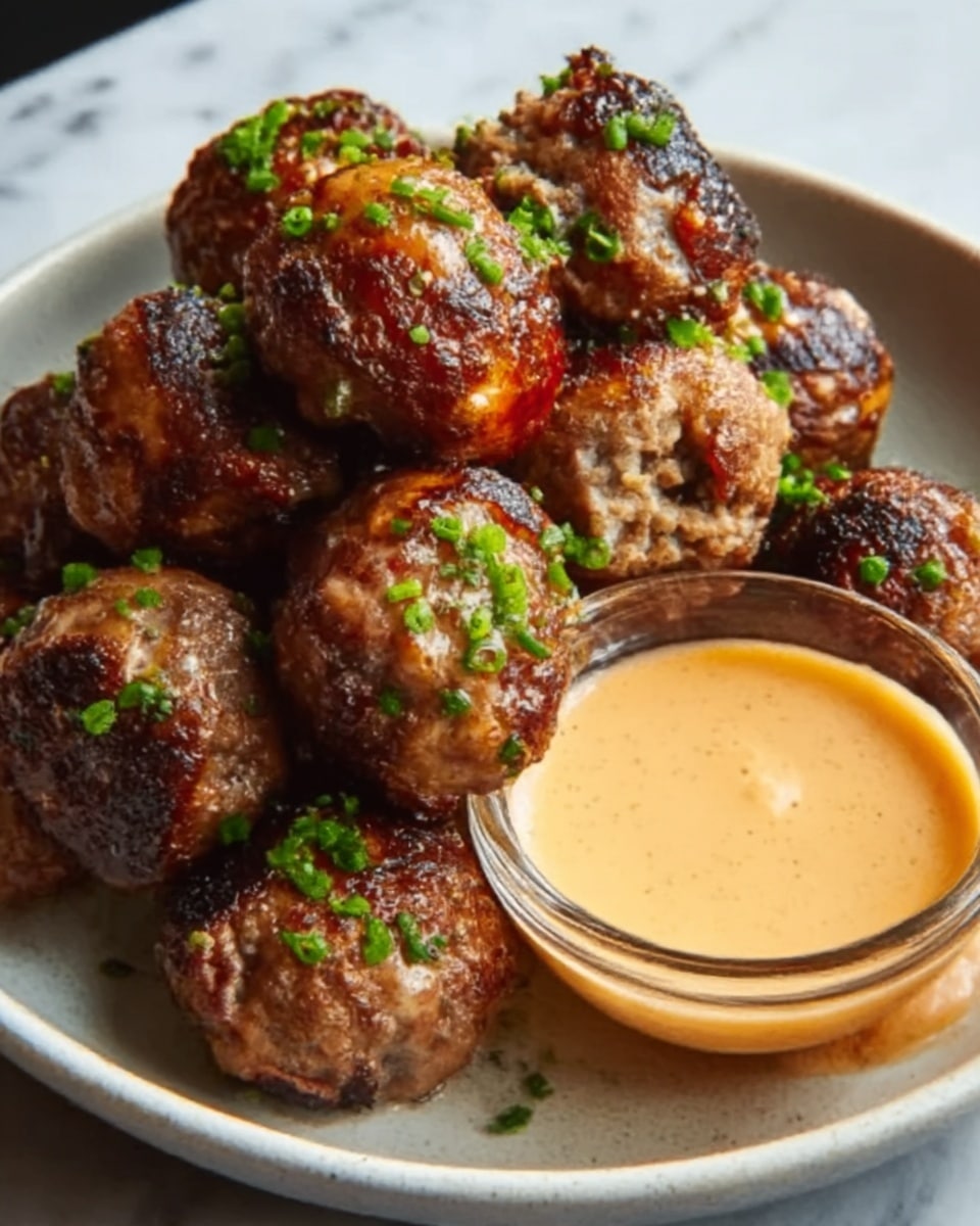 The image shows a white plate filled with about seven browned meatballs, each with a crispy, dark-brown outer layer and some green chopped herbs sprinkled on top. The meatballs are shiny, indicating a glaze or sauce on them. In the top left corner of the plate, there is a small clear glass bowl of light brown, creamy dipping sauce. The whole scene sits on a white marbled surface. The lighting highlights the texture and color of the meatballs clearly. Photo taken with an iphone --ar 4:5 --v 7
