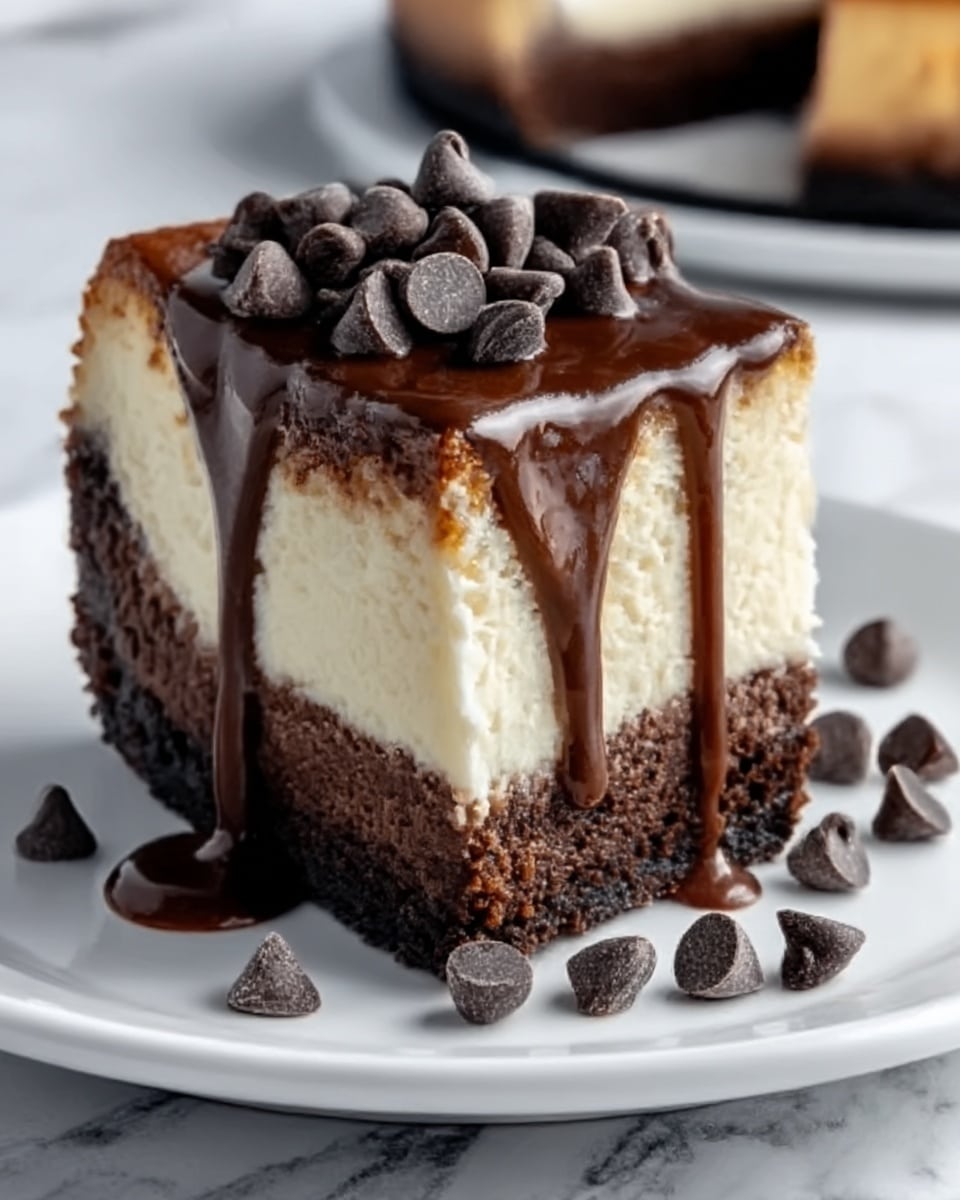 A slice of two-layer cheesecake sits on a white plate. The bottom layer is dark brown and dense, looking like chocolate cake, while the top layer is creamy and pale yellow, smooth in texture. On top of the cheesecake, there is a thick drizzle of shiny dark chocolate sauce running down the sides, with a pile of small chocolate chips scattered on top and around the slice on the plate. The background features a soft focus of another cheesecake slice, all on a white marbled surface. Photo taken with an iphone --ar 4:5 --v 7