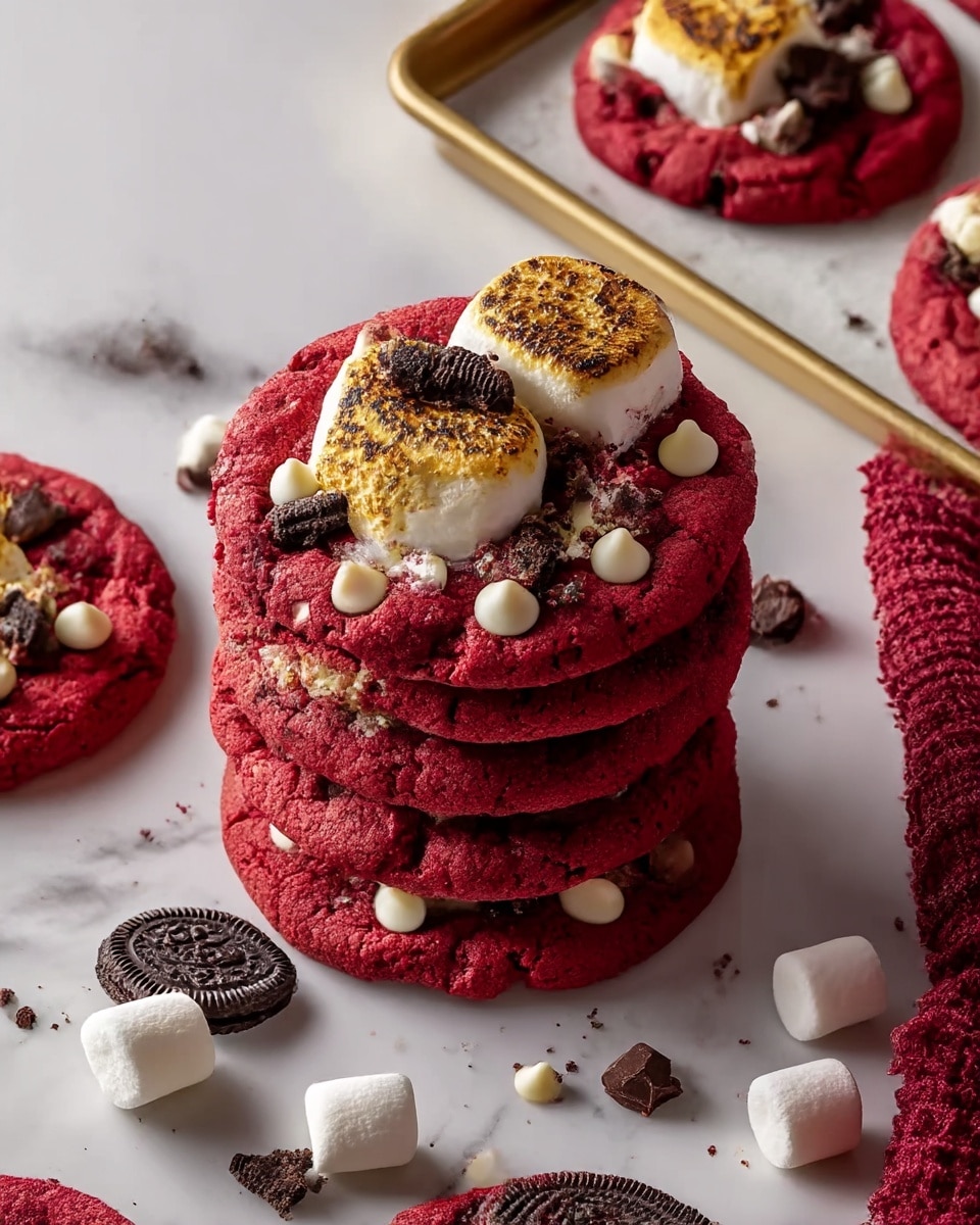 A stack of five rich red velvet cookies lies on a white marbled surface, each cookie topped with a mix of toasted, golden-brown marshmallow pieces, broken black chocolate cookie bits, and scattered white chocolate chips. The cookies have a soft, thick texture with a deep red color, and crumbs are sprinkled around them. To the right, a deep red textured cloth adds a cozy feel to the scene. Photo taken with an iphone --ar 4:5 --v 7