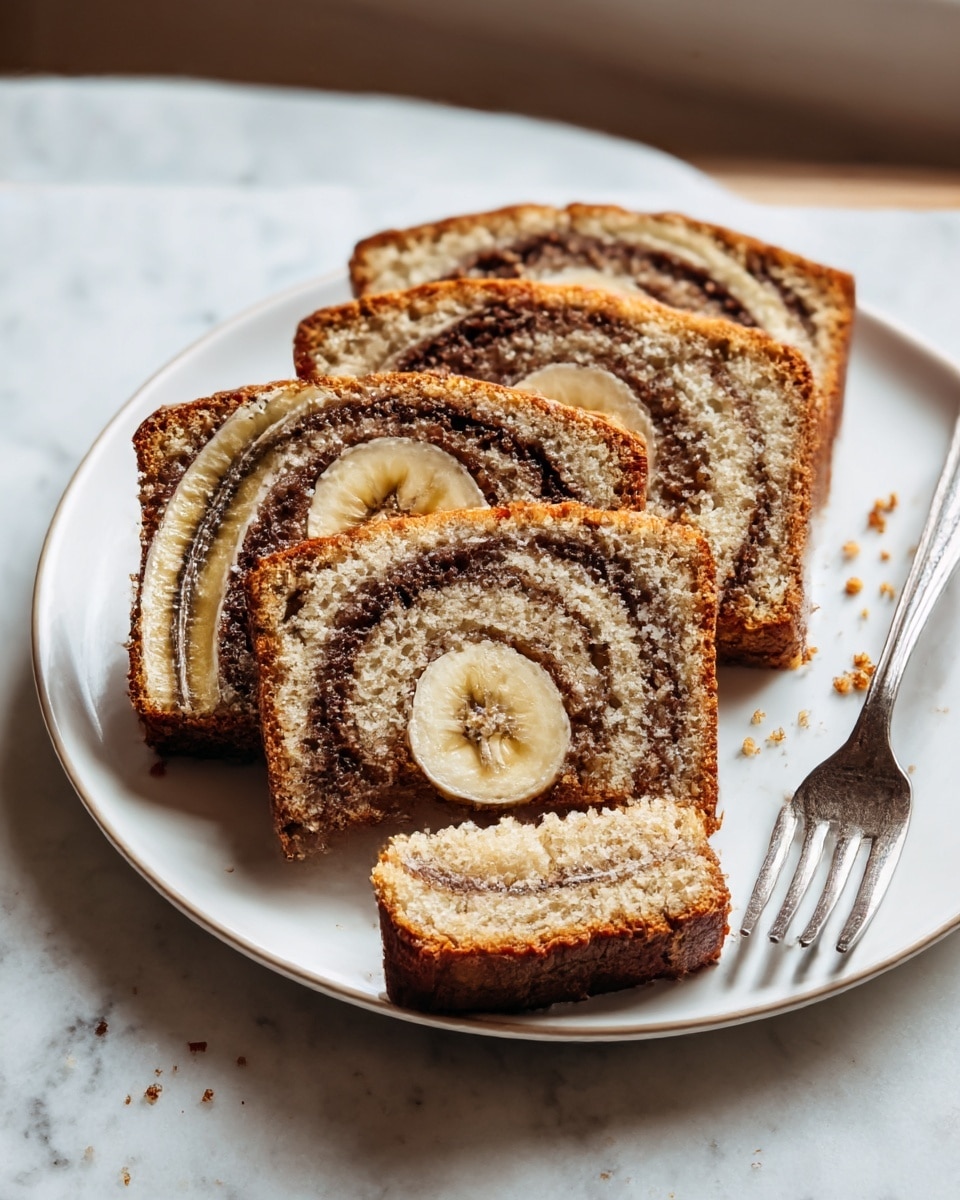 The image shows three slices of a swirled banana cinnamon bread arranged side by side on a white plate with a slightly textured surface. Each slice has multiple layers, starting with a golden-brown crust on the outside, a light tan soft bread layer, and a dark brown cinnamon swirl that wraps around a visible banana slice in the center of each piece. The bread’s texture looks moist and crumbly, with a light dusting of powdered sugar on top and scattered around the plate. A vintage silver fork rests on the plate with a small bite of bread on its tines, placed near the front slice. The plate sits on a white marbled surface with a softly blurred background showing kitchen elements. Photo taken with an iphone --ar 4:5 --v 7