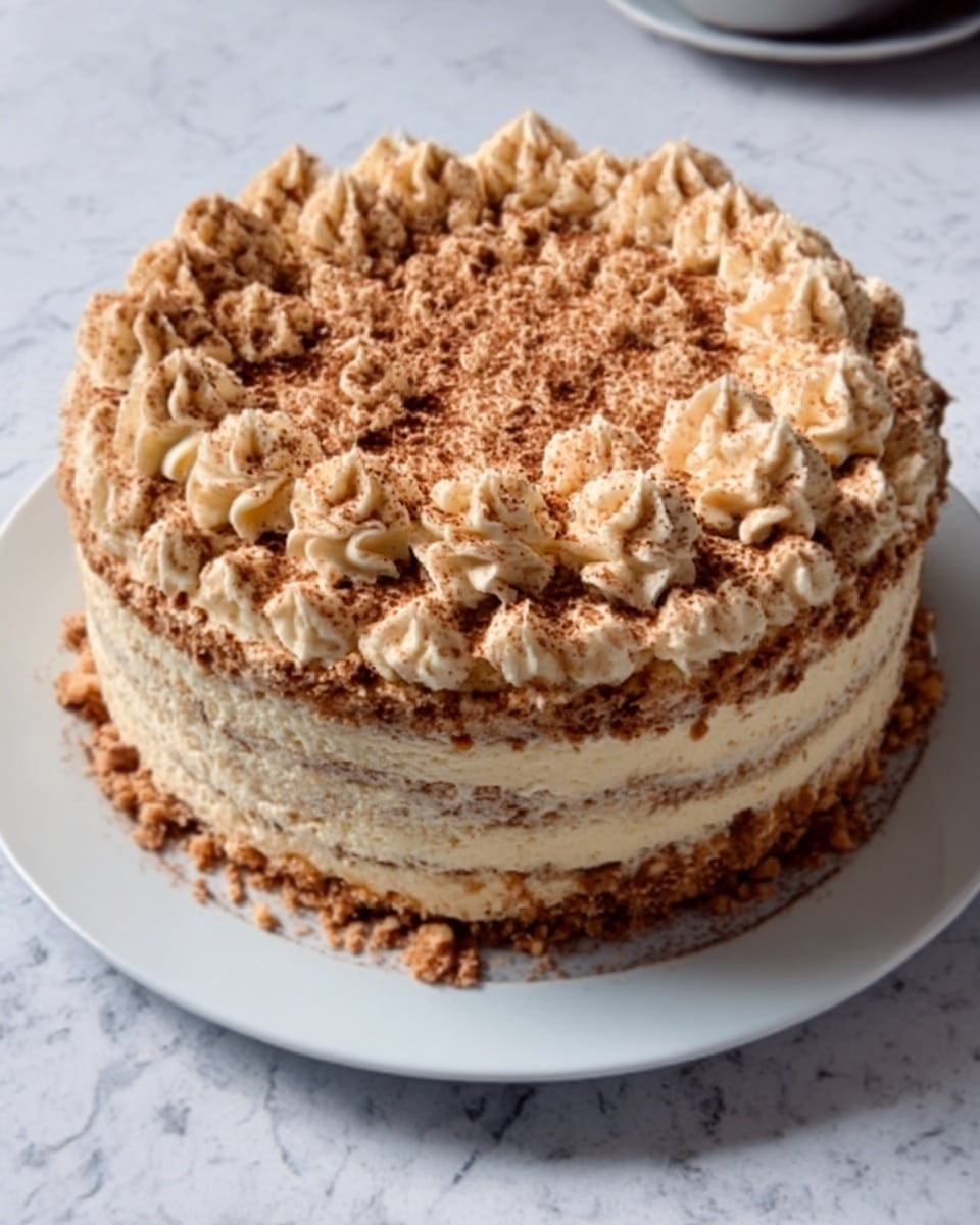 The image shows a round layered cake on a white plate placed on a white marbled surface. The cake has multiple layers with a creamy filling between them, visible through the sides. The top layer is decorated with evenly spaced swirls of light brown cream, dusted with a fine layer of cocoa powder. Crumbled bits of the same cake texture are pressed against the bottom side of the cake, adding a crumbly texture. The overall color palette includes creamy beige, light brown, and cocoa brown tones, creating a rich and inviting look. Photo taken with an iphone --ar 4:5 --v 7