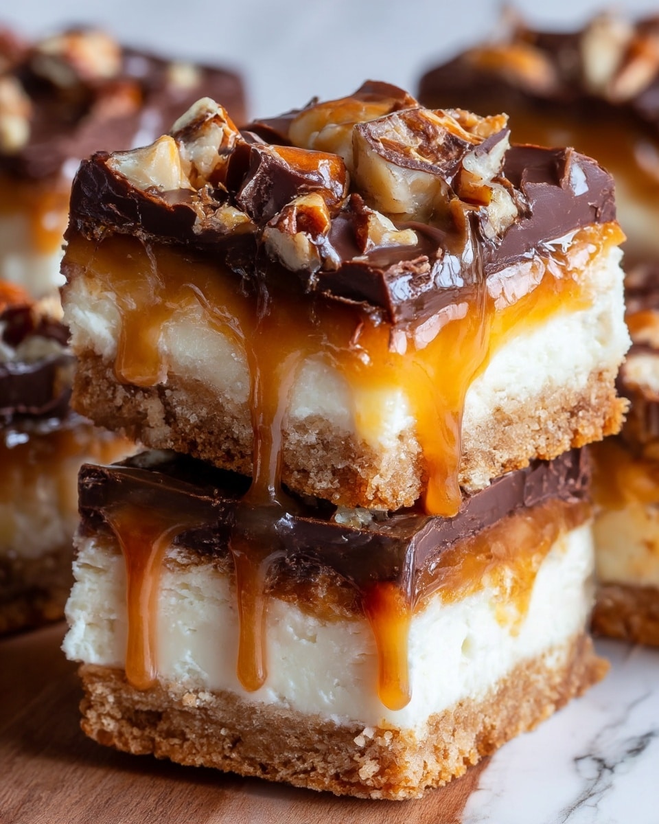 A close-up view of stacked dessert bars with four visible layers, starting from the bottom there is a crumbly, light brown cookie crust layer, followed by a thick, creamy white cheesecake layer with smooth texture. Above this is a sticky, golden caramel layer dripping down the sides, topped by a dark, glossy chocolate layer with crunchy broken pieces mixed with caramel and nuts scattered unevenly on top. The bars rest on a wooden surface with a white marbled texture in the background. The caramel is shiny and gooey, clearly dripping and enhancing the richness of the dessert photo taken with an iphone --ar 4:5 --v 7