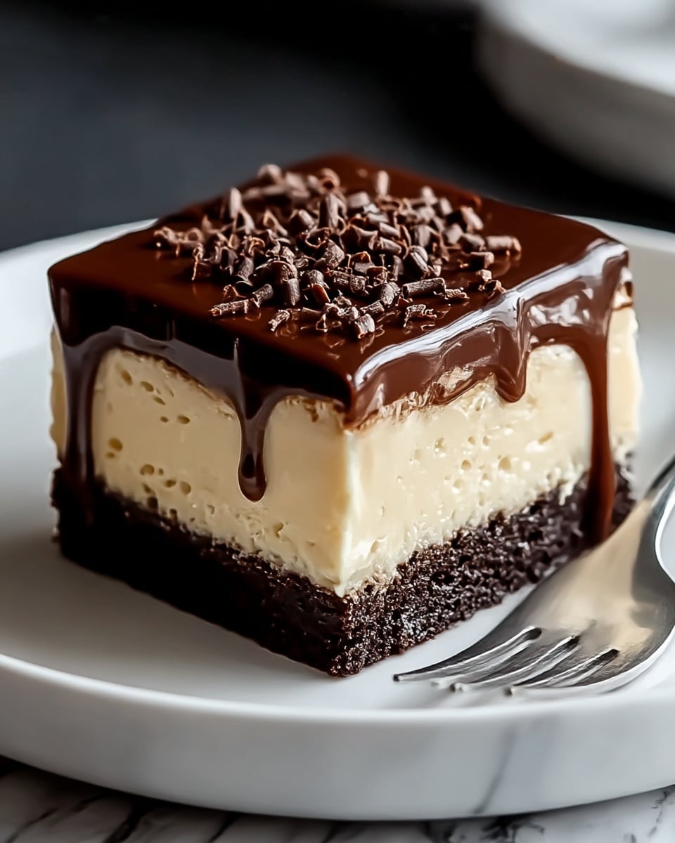 A three-layer dessert square on a white plate with a white marbled texture beneath. The bottom layer is a dark, dense chocolate cake with a slightly crumbly texture. The middle layer is thick and creamy, light beige in color, and looks smooth with some softness at the edges. The top layer is a shiny chocolate glaze that drips slightly over the sides, sprinkled with small dark brown chocolate curls scattered unevenly. A metal fork rests beside the dessert. Photo taken with an iphone --ar 4:5 --v 7