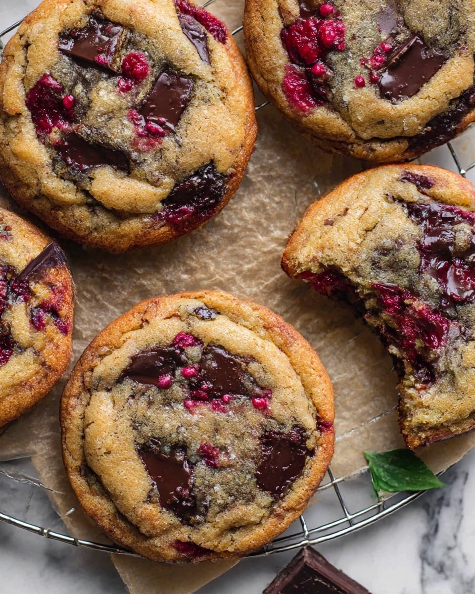 The image shows a group of five round cookies with a golden-brown color and a slightly crispy texture. Each cookie has uneven layers with dark melted chocolate chunks and red bits of berries, scattered on the top and partially inside the cookie. The cookies sit on a white cooling rack over a sheet of light brown parchment paper and a white marbled surface underneath. There is a broken piece of dark chocolate near the cookies, and a small green leaf can be seen beside them. The cookies vary slightly in size and texture, with one cookie appearing to be bitten into, revealing a moist, dense inside with melted chocolate. photo taken with an iphone --ar 4:5 --v 7