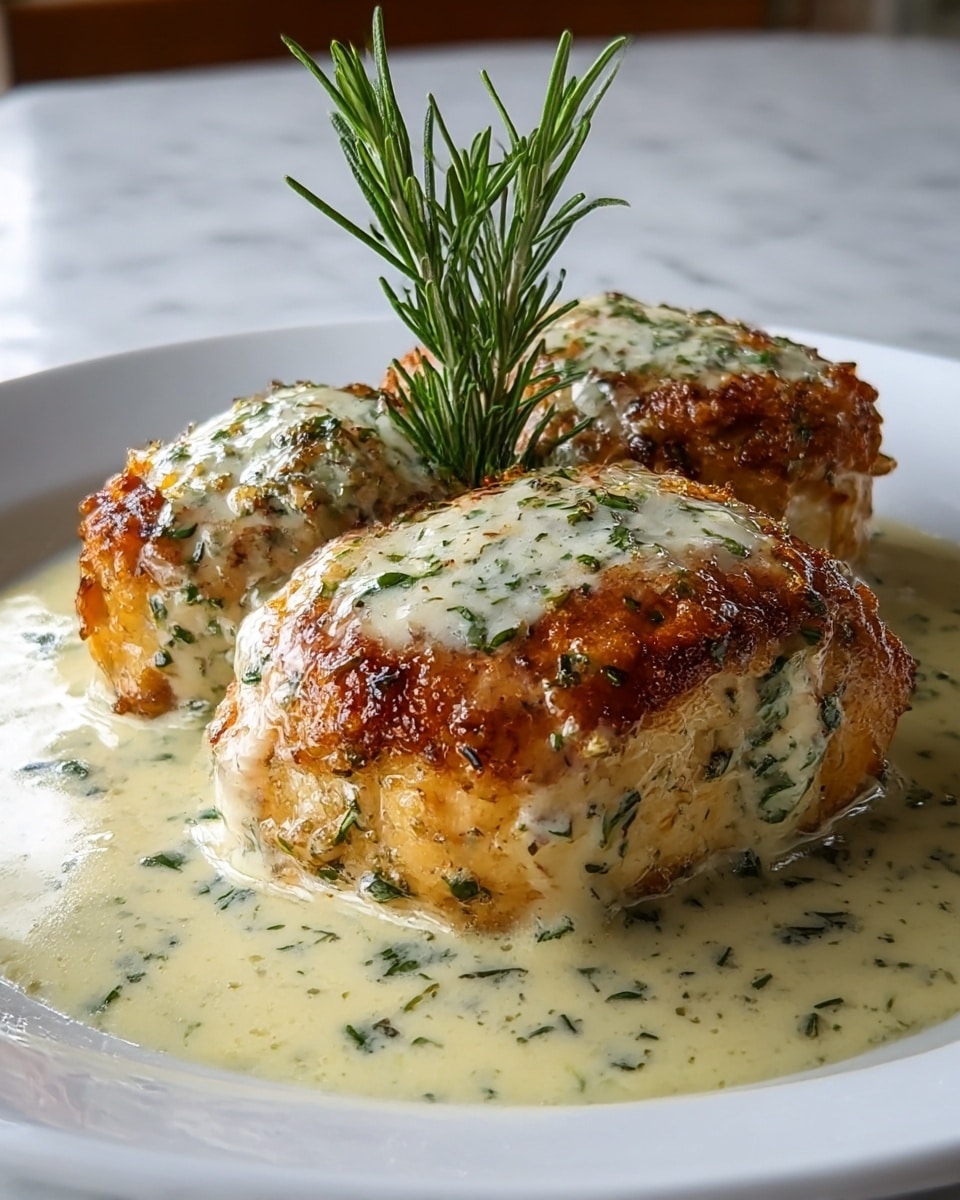 Two thick pieces of golden brown seared chicken rest side by side in a shallow pool of creamy white sauce with green herbs scattered throughout. The chicken has a crispy, textured outer layer with herbs sprinkled on top, and the sauce appears rich and glossy, covering the lower half of the chicken and pooling around it. A sprig of fresh rosemary stands upright behind the chicken, adding a touch of green contrast. The dish is served on a white plate placed on a white marbled surface. photo taken with an iphone --ar 4:5 --v 7