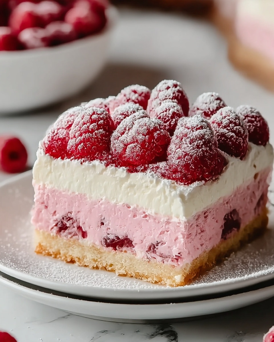 This is a slice of a layered raspberry dessert on a white plate with a dusting of powdered sugar around the edges. The bottom layer is a light brown, crumbly crust. Above it is a thick pink layer filled with whole raspberries embedded within. On top of that is a thick creamy white layer that looks smooth and fluffy. The top layer consists of many fresh red raspberries, each lightly dusted with powdered sugar. The background is a white marbled texture with a soft focus on a bowl of more raspberries. photo taken with an iphone --ar 4:5 --v 7