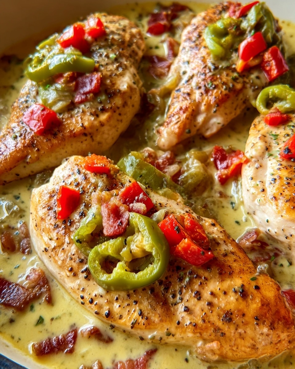 The image shows three pieces of cooked chicken breast, browned and speckled with black pepper, arranged in a close cluster. Each piece is topped with a mix of green pepper slices and small chunks of red peppers. These chicken pieces sit in a creamy light yellow sauce that fills the base of a white pan. Scattered around the chicken are bits of cooked bacon and herbs. The sauce looks smooth and rich, soaking slightly over the edges of the chicken, and the peppers add vibrant color contrasts of bright green and red. The photo is taken with a close focus to highlight the texture and color of the dish. photo taken with an iphone --ar 4:5 --v 7