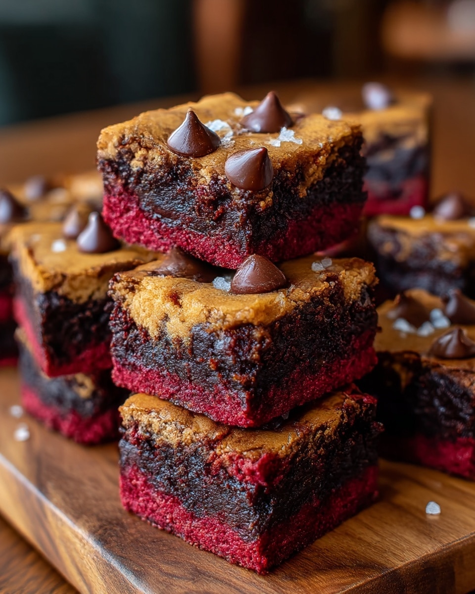 A close-up of several square brownies stacked on a wooden board set on a white marbled surface. Each brownie has three distinct layers: a bottom dark red velvet layer, a middle dark chocolate layer, and a top light brown cookie dough layer, with shiny melted chocolate chips scattered unevenly on top. There are also some white flakes sprinkled over the brownies, adding texture. The middle brownie is slightly raised, showing the thick, moist layers clearly. The overall look is rich and gooey. photo taken with an iphone --ar 4:5 --v 7