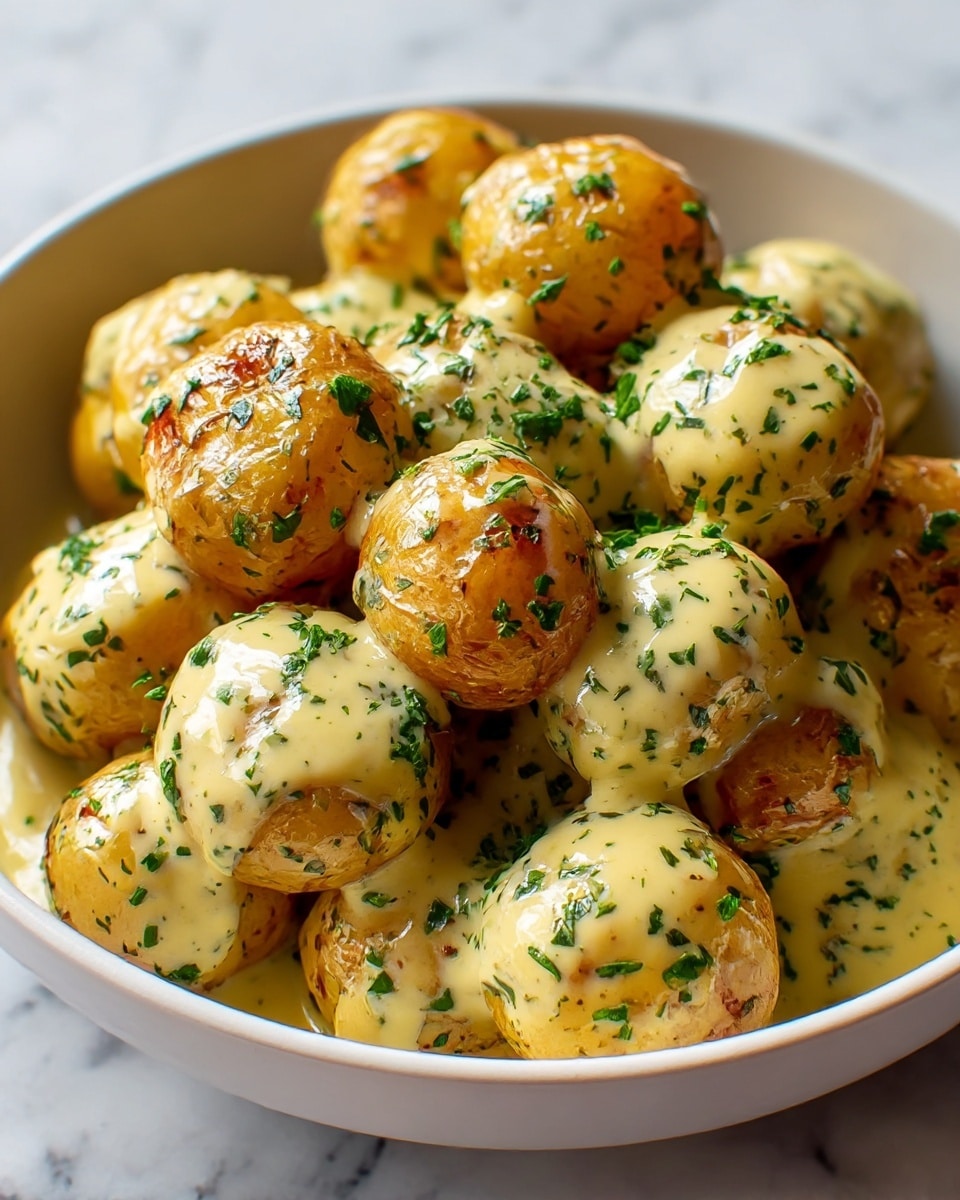 A close-up view of a white bowl filled with about two layers of small golden baby potatoes coated in a creamy yellow sauce mixed with chopped green herbs and small bits of brown seasoning. The potatoes have a slightly shiny texture and the sauce covers each potato generously, pooling slightly at the bottom. The bowl rests on a white marbled surface with a dark blue cloth partially visible in the background. photo taken with an iphone --ar 4:5 --v 7