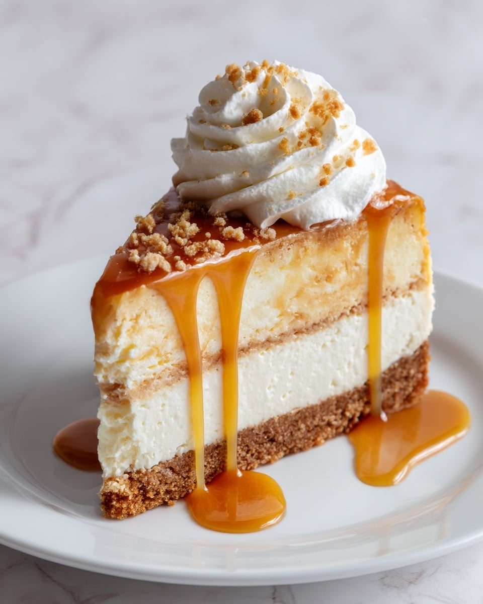 A thick slice of layered cheesecake with a crumbly brown base, a creamy off-white cheesecake middle layer, and a marbled light brown and yellow top layer. On top is a swirl of white whipped cream sprinkled with small light brown crumbs. Golden caramel sauce drips down from the whipped cream, flowing mostly down the sides of the cake and pooling slightly on the white plate below. The plate rests on a white marbled texture surface. photo taken with an iphone --ar 4:5 --v 7