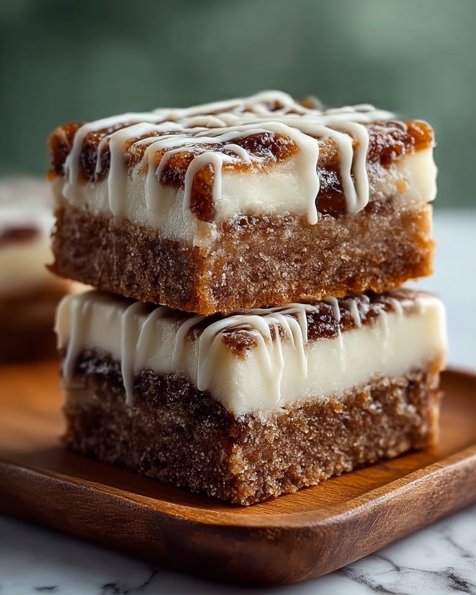 Two stacked dessert bars sit on a wooden tray, each bar showing three clear layers. The bottom layer is a crumbly brown crust, firm and textured. The middle layer is thick and creamy, soft white with a smooth surface. The top layer looks dark brown and slightly glossy, with some small chunks or bits, giving it a sticky texture. White icing is drizzled in thin lines over the top layer of both bars, adding a shiny contrast. The background is a soft blur with green tint, and the surface beneath the tray is a white marbled texture. photo taken with an iphone --ar 4:5 --v 7