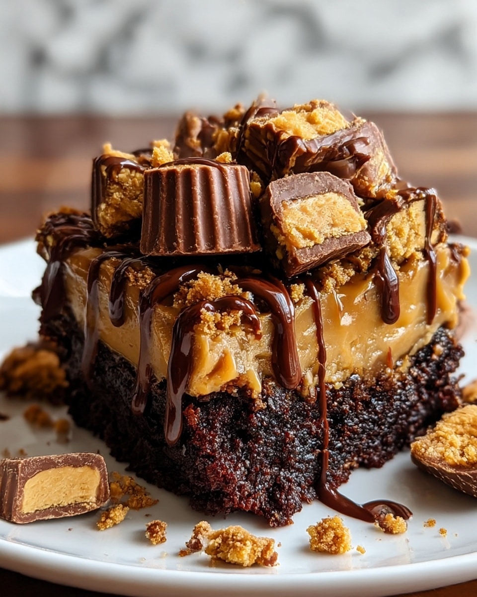 The image shows a close-up of a rich dessert with three main layers on a white plate. The bottom layer is a dark, moist chocolate cake with a rough texture. Above it is a light brown gooey caramel layer that oozes slightly over the edges. The top layer consists of chunks of peanut butter cups with a smooth milk chocolate exterior and creamy peanut butter center, mixed with crumbled cookie bits and drizzled with melted chocolate, adding a glossy and thick effect. Some peanut butter cup pieces and crumbs are scattered around the plate. The background is a white marbled texture. photo taken with an iphone --ar 4:5 --v 7