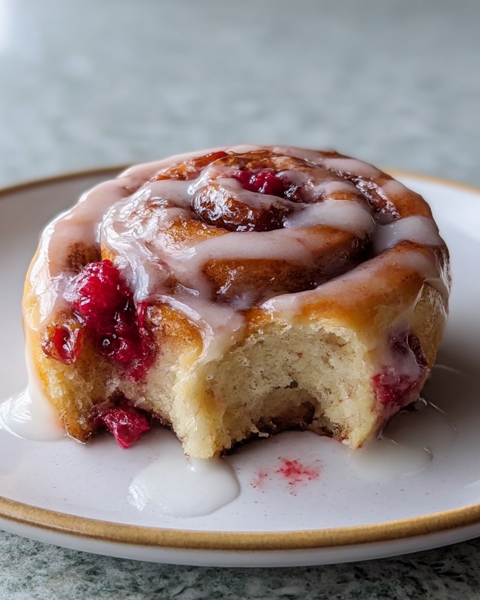 The image shows a close-up of a cinnamon roll with three visible layers of soft, golden-brown dough rolled in a spiral shape. Between the layers, there are bright red raspberry pieces, adding texture and color contrast. The top is generously covered with thick, white icing that drips slightly down the sides and pools on the white plate beneath. The cinnamon roll has a bite taken out of it, exposing the fluffy inside, the spread of raspberry filling, and the gooey cinnamon swirl. The whole pastry sits on a white marbled texture surface, enhancing the warm tones of the cinnamon roll and the bright red of the raspberries. Photo taken with an iphone --ar 4:5 --v 7