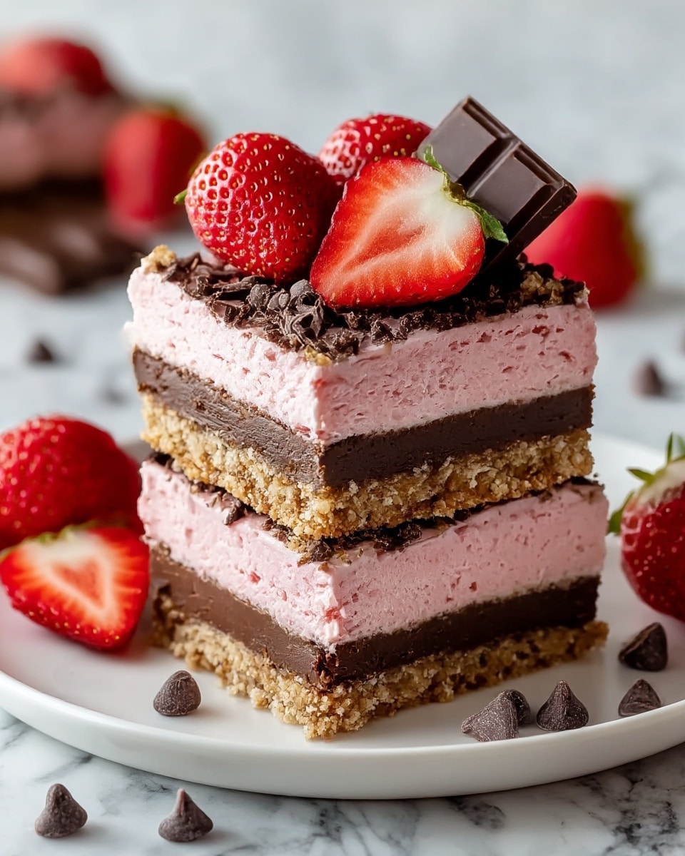 The image shows two stacked dessert bars on a white plate, each with four layers. The bottom layer is a crumbly light brown crust, followed by a thick dark chocolate layer. Above that is a smooth pink strawberry cream layer, and the top layer is another crumbly light brown layer. The top bar is decorated with fresh whole and halved strawberries and a piece of dark chocolate. Around the plate are scattered dark chocolate chips and strawberries. The background is a white marbled texture. photo taken with an iphone --ar 4:5 --v 7