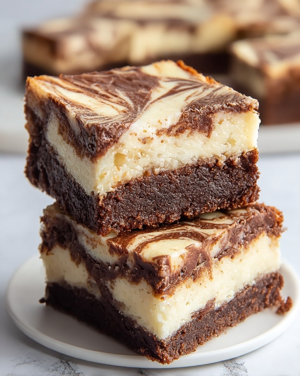 Two square pieces of dessert are stacked on a white plate placed on a white marbled texture. Each piece has two layers: a thick, bottom layer that is dark brown and moist with a crumbly texture, and a top layer that is creamy white with chocolate brown swirls creating a marbled pattern. The edges of the dessert look soft but still firm, with some crumbly bits visible. The top piece is slightly tilted, showing the smooth marbled pattern clearly while the bottom piece's layers are visible from the side. In the background, more of the dessert is visible but blurry. Photo taken with an iphone --ar 4:5 --v 7