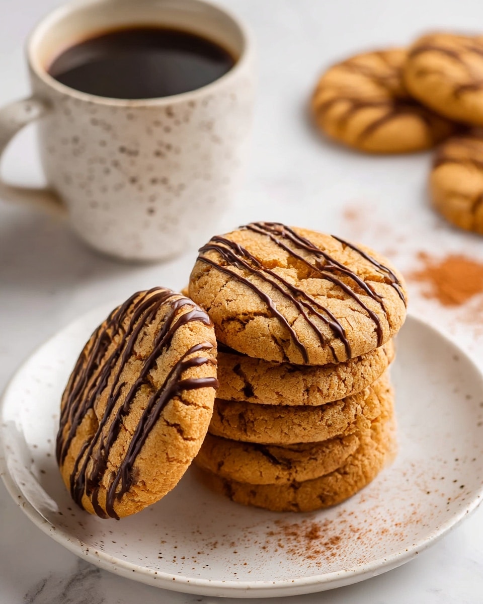 A stack of five round, golden-brown cookies with cracks on the surface sits on a white plate with a subtle speckled pattern, each cookie drizzled with thin chocolate lines in a zigzag pattern. One cookie leans against the stack, partially showing its thickness and soft texture. In the background, there is a white mug with a speckled design filled with steaming dark coffee, placed on a white marbled surface with a light dusting of cinnamon powder. Another cookie blurred in the background adds depth to the scene. photo taken with an iphone --ar 4:5 --v 7