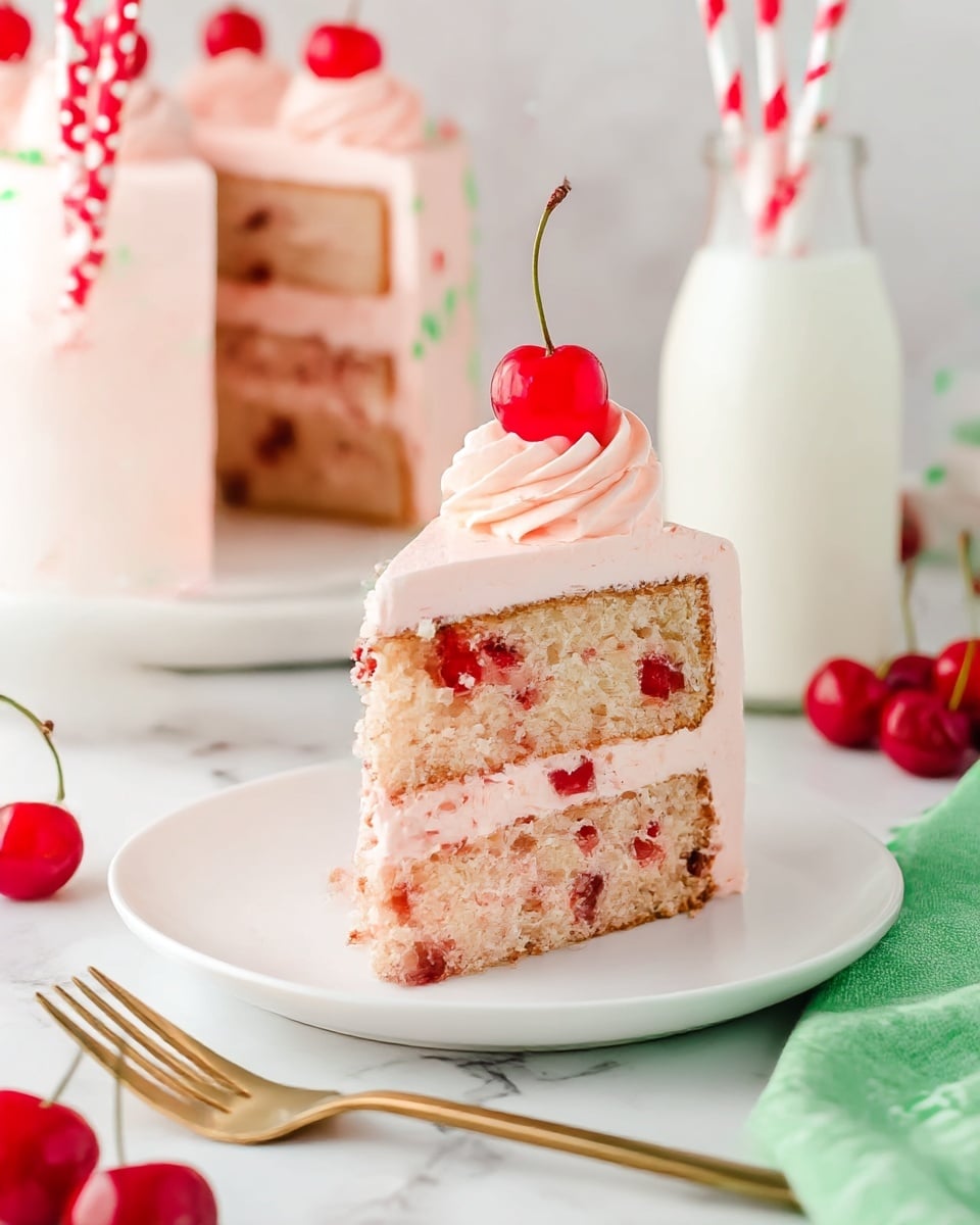 The image shows a slice of a two-layer cherry cake on a white plate placed on a white marbled surface. The cake layers are light pink with small red cherry pieces inside. Between the two layers and on top is light pink frosting with a smooth, creamy texture. On top of the cake slice is a swirl of the same frosting, crowned with a bright red cherry with a long stem. In the background, there is a whole cake with similar decorations and a glass bottle of milk with red and white polka dot straws. A gold fork lies on the surface near the plate, and a green cloth is partially visible at the bottom left corner. Extra cherries are scattered on the white marbled surface. photo taken with an iphone --ar 4:5 --v 7