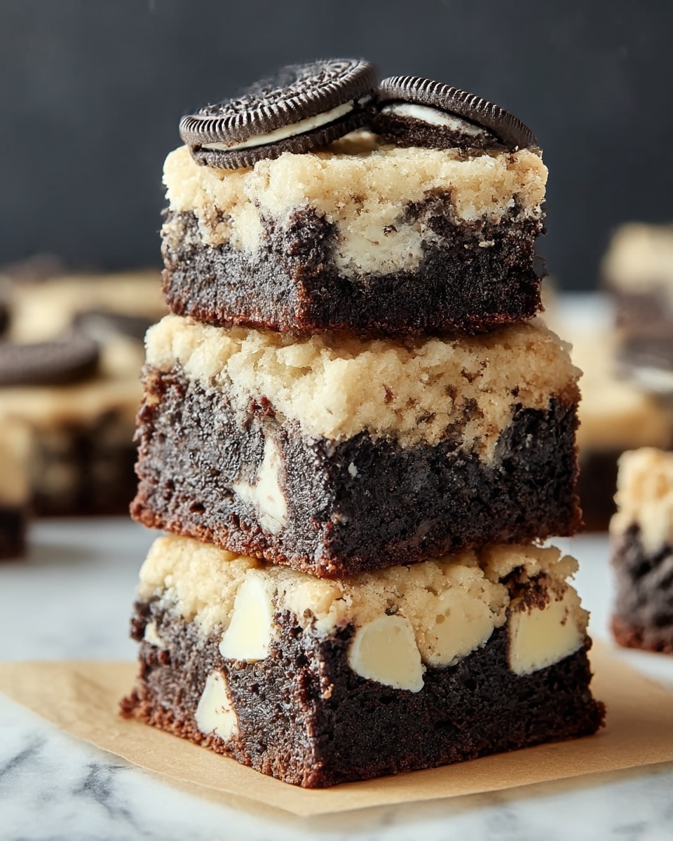 The image shows a stack of three square dessert bars, each with two layers. The bottom layer is dark brown, dense, and textured like chocolate brownie with chunks of white chocolate pieces embedded inside. The top layer is light beige, crumbly, and cookie-like with a rough, uneven surface. Two whole black-and-white sandwich cookies are embedded in the top layer of the top bar, sitting flat and visible. The stack rests on a piece of parchment paper placed on a white marbled surface, with a soft blurred dark background. Photo taken with an iphone --ar 4:5 --v 7