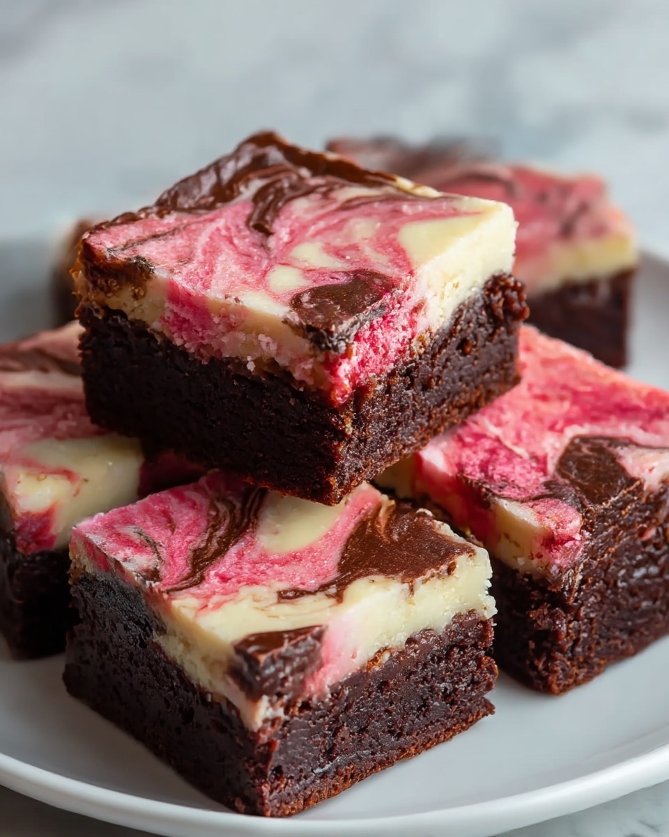 A close-up view of four square brownie pieces placed on a white plate, each with two distinct layers: a dark brown, dense, and moist chocolate base at the bottom, topped with a creamy layer having a white, pink, and slightly dark brown marbled swirl pattern. The top layer shows a mix of smooth cream cheese texture with vibrant pink and dark chocolate colors blending in a marbled design. The brownies have a thick, rich appearance with sharp edges, and the plate sits on a white marbled surface. photo taken with an iphone --ar 4:5 --v 7