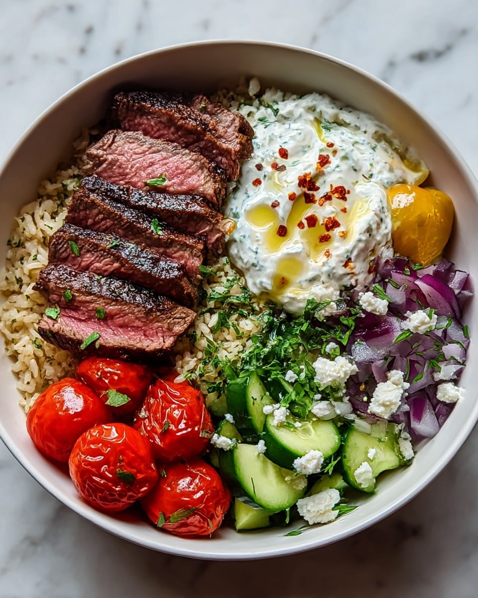 A white bowl filled with six layers of food starting with a bottom layer of light brown rice mixed with green herbs. On top of the rice, there are slices of medium-rare grilled steak with a brown charred crust and pink center, placed on the left side. On the bottom right, there are bright red roasted cherry tomatoes with a shiny cooked texture. Above the tomatoes is a mix of fresh cucumber slices that are light green with dark green skin, accompanied by chopped purple onions and a yellow pickled pepper on the far right. The top right corner holds a creamy white tzatziki sauce with green herbs sprinkled inside and red chili flakes on top, drizzled with olive oil and scattered white feta cheese crumbles. Fresh green herbs are sprinkled all over the dish. The bowl is placed on a white marbled surface. photo taken with an iphone --ar 4:5 --v 7