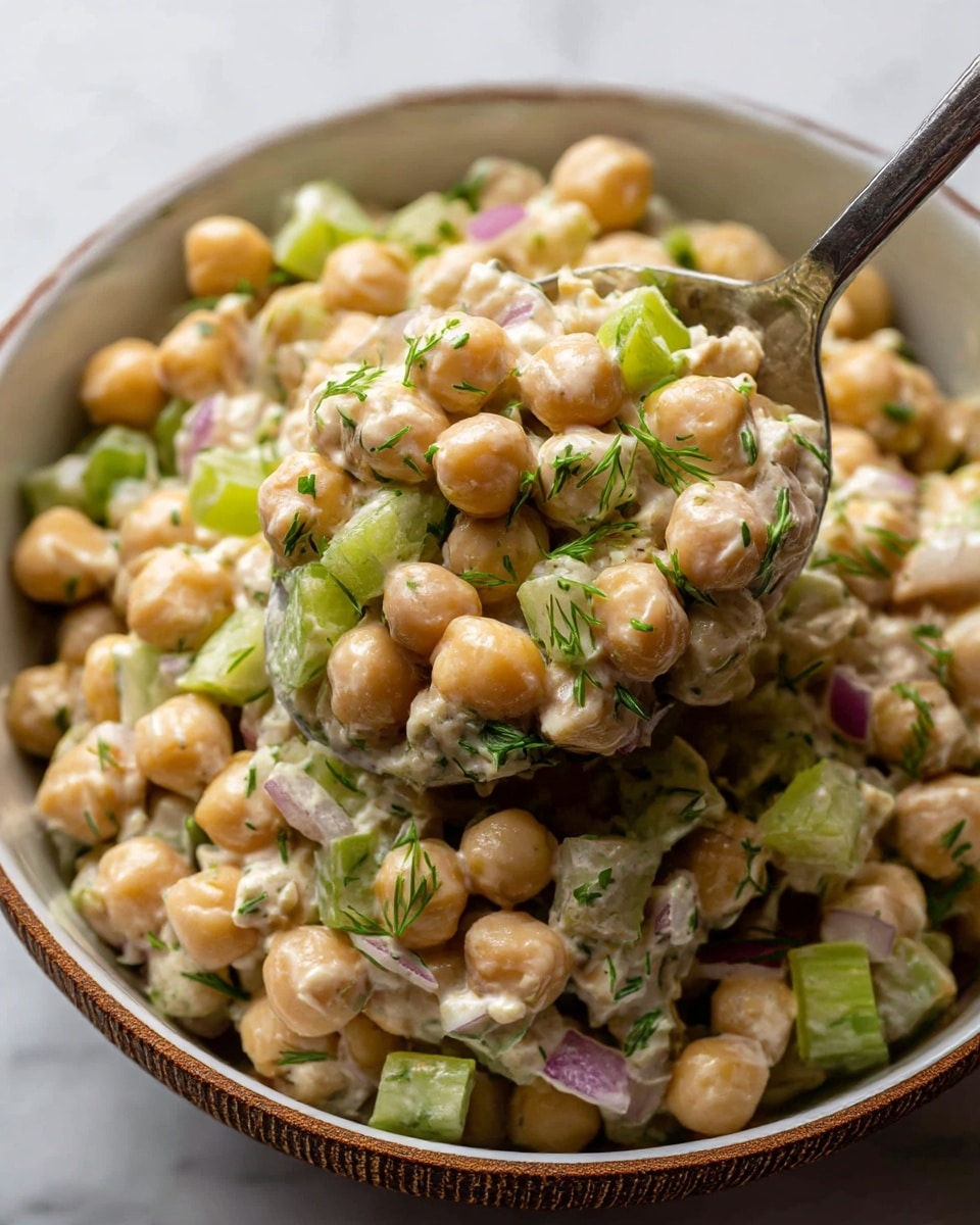 A close-up view of a creamy chickpea salad served in a white bowl with a brown textured exterior, filled with three main layers: round light beige chickpeas, small diced pale green celery pieces, and tiny bits of chopped red onion mixed evenly throughout. The salad is coated in a light creamy dressing with flecks of fresh green herbs sprinkled all over, adding a hint of texture and color contrast. A metal spoon scoops a portion of the salad, showing the mix of chickpeas, celery, onion, and herbs closely. The bowl sits against a white marbled textured background. photo taken with an iphone --ar 4:5 --v 7