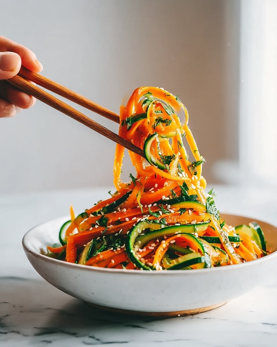 The image shows a white bowl filled with thin spiral strips of bright orange carrot and dark green cucumber, mixed with chopped fresh herbs and sprinkled with white sesame seeds. A woman's hand is holding wooden chopsticks picking up some of the colorful vegetable noodles, lifting them above the bowl. The carrots and cucumbers are long, curly, and wet, with a fresh and crisp look. The background is softly blurred with a white marbled surface beneath the bowl. photo taken with an iphone --ar 4:5 --v 7