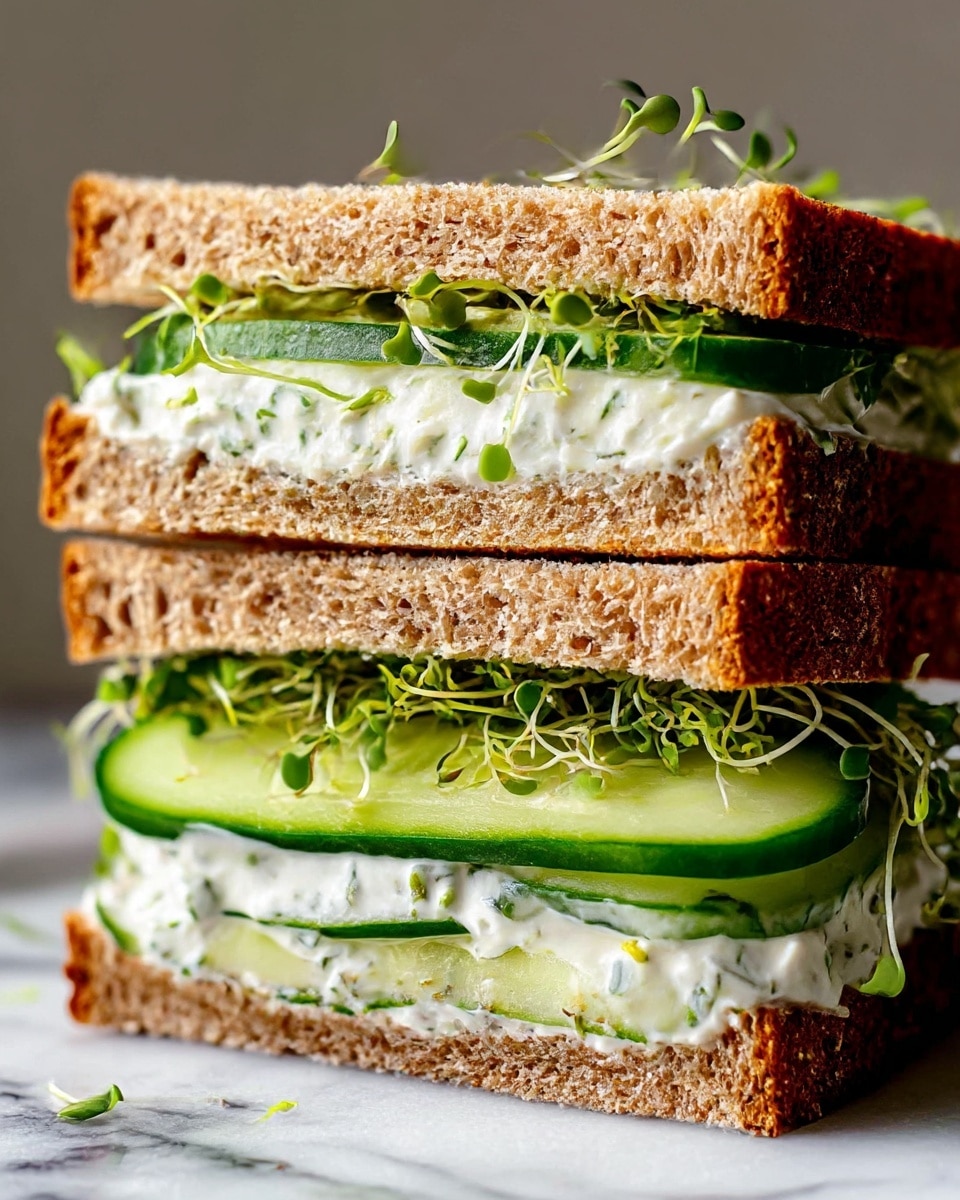 The image shows a close-up of a sandwich made with two slices of whole grain brown bread. Between the bread layers, there are thick slices of fresh cucumber coated in creamy white yogurt mixed with herbs. There are also fresh green sprouts scattered on top of the cucumber layer, adding a fresh and crunchy texture. The sandwich is cut in half and stacked, showing the inside filling clearly. It is placed on a white marbled surface, highlighting the colors and textures of the sandwich. photo taken with an iphone --ar 4:5 --v 7