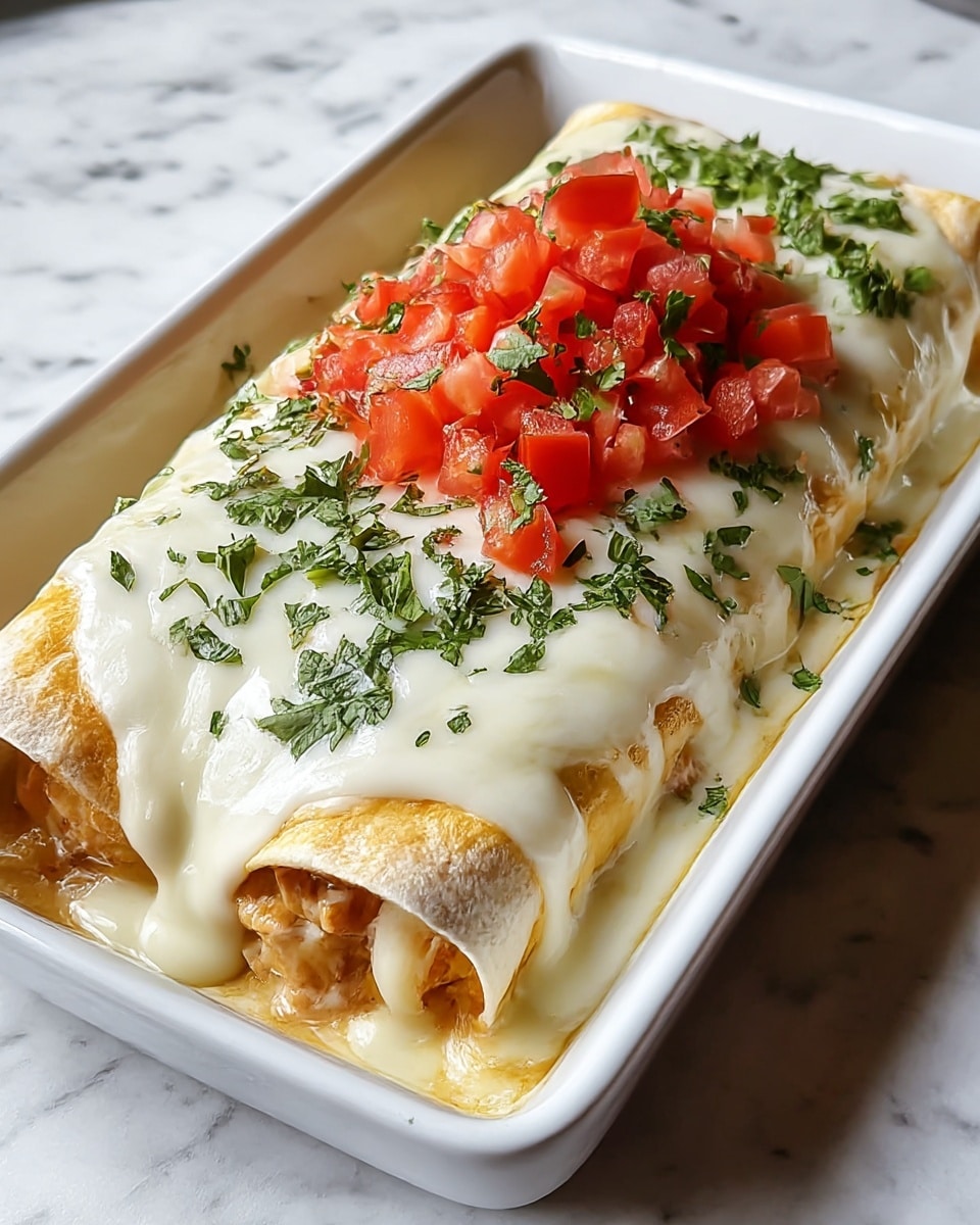 A large burrito is placed in a white rectangular dish, covered with a thick layer of melted white cheese that drapes over it and oozes down the sides. Underneath the cheese, the burrito's golden brown tortilla is visible, filled with a mixture of chunks of cooked chicken and creamy sauce. On top of the cheese layer, there is a small pile of finely diced bright red tomatoes and freshly chopped green cilantro leaves scattered around. The dish sits on a surface with a white marbled texture, giving a clean and fresh look. photo taken with an iphone --ar 4:5 --v 7