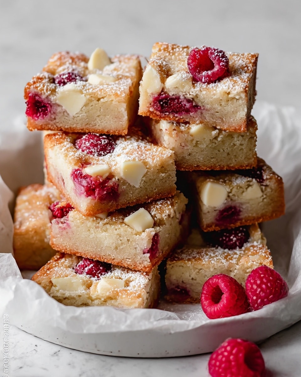 The image shows a stack of seven square raspberry and white chocolate bars, arranged closely on white parchment paper inside a white bowl. Each bar has two visible layers - a golden-brown baked crust base and a creamy light beige cake layer. Scattered throughout the top are whole fresh red raspberries and white chocolate chunks, partially melted into the cake, with some powdered sugar dusted lightly over the surface. Two whole raspberries rest beside the stack in the bottom right corner. The background is a white marbled texture, and the lighting highlights the moist texture and vibrant colors of the bars beautifully. photo taken with an iphone --ar 4:5 --v 7