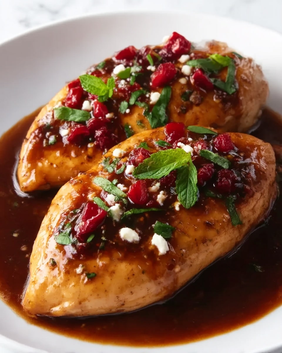 The image shows two cooked chicken breasts placed on a white plate. The chicken is covered with a shiny dark brown glaze sauce that pools around the base. On top, there are scattered small green mint leaves and pieces of red fruit, likely cranberries. Small white crumbles, possibly cheese, are sprinkled over the chicken. The overall texture of the chicken looks moist and tender with a glossy finish from the sauce. The surface below the plate is a white marbled texture. photo taken with an iphone --ar 4:5 --v 7