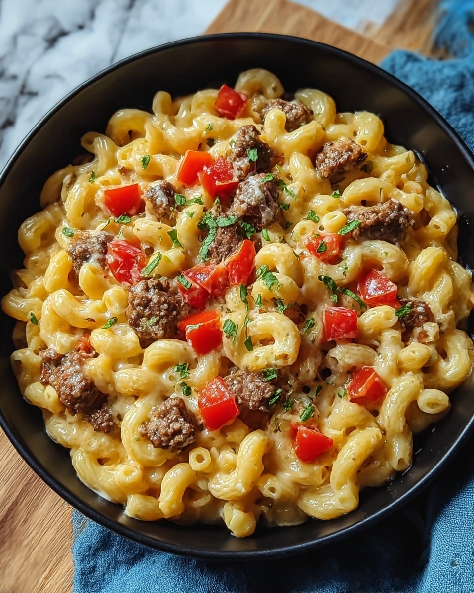 A black bowl filled with creamy yellow macaroni pasta forms the base layer. On top, there are scattered small chunks of browned beef and bright red diced tomatoes, adding texture and vibrant color. The dish is finished with a light sprinkle of fresh green herbs, providing contrast and freshness. The bowl sits on a wooden surface next to a blue cloth, all against a white marbled texture background. photo taken with an iphone --ar 4:5 --v 7